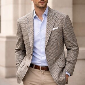 Peter Millar Cashmere Silk Sport Coat Blazer 44R Made in Canada Brown Blue Check